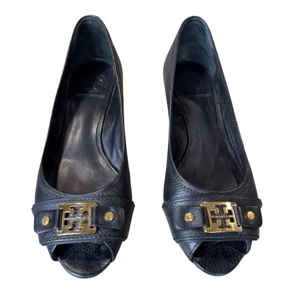 Tory Burch Black Leather Peep Toe Low Cork Wedges Size 8M - Picture 3 of 11